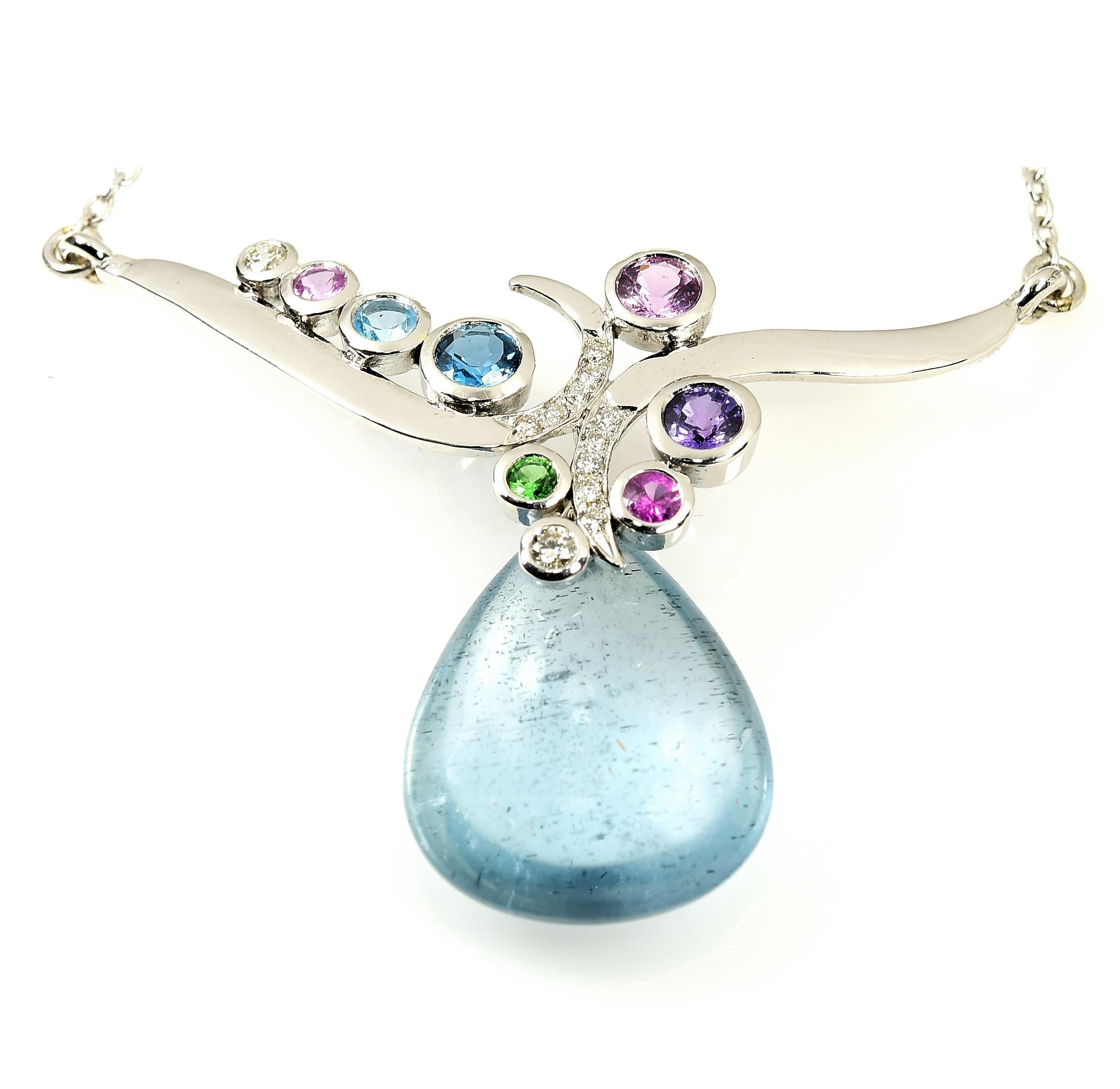Celestial 13.66 carat Aquamarine & Sapphire Pendant Necklace in 14K White Gold In New Condition For Sale In Carlisle, MA