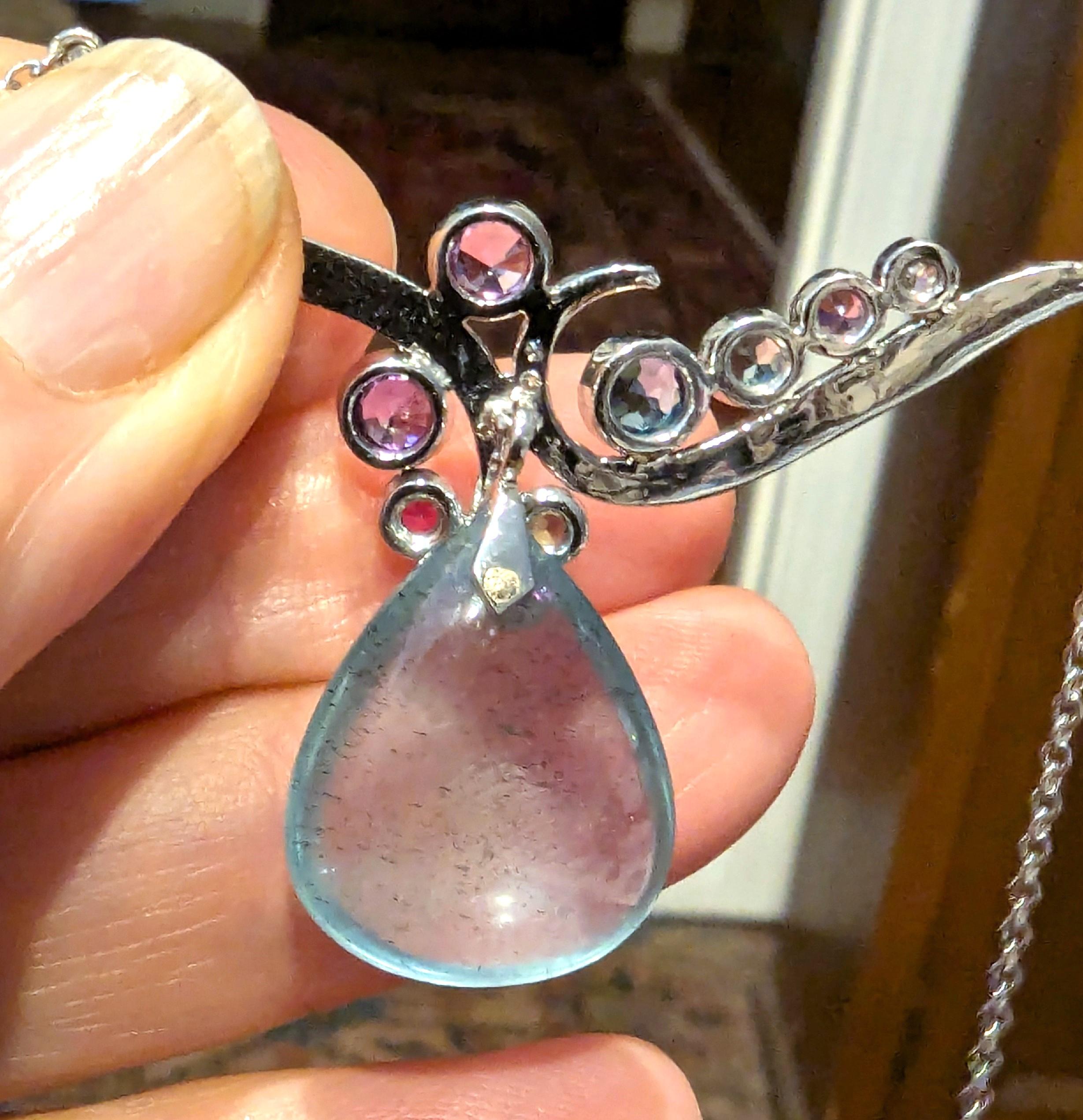 Women's Celestial 13.66 carat Aquamarine & Sapphire Pendant Necklace in 14K White Gold For Sale