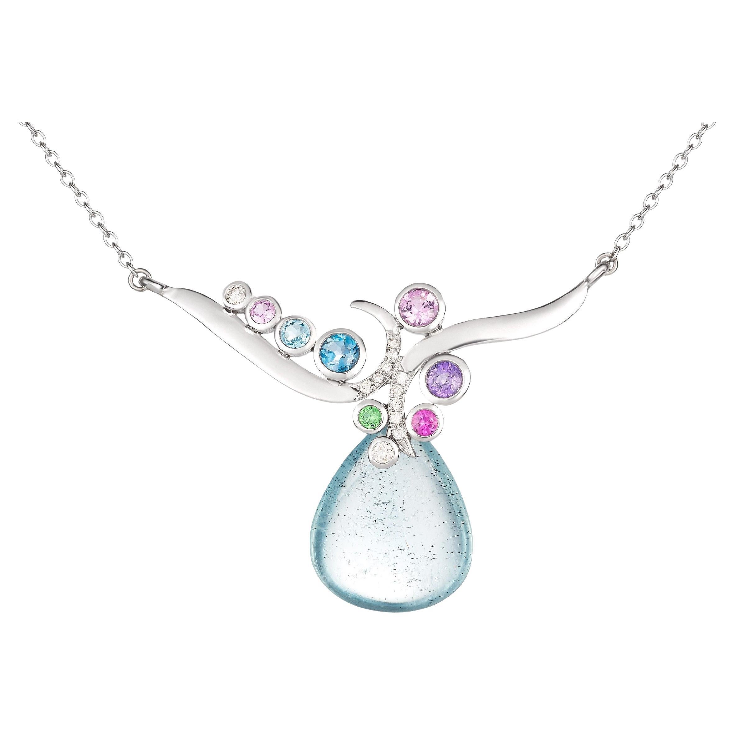 Celestial 13.66 carat Aquamarine & Sapphire Pendant Necklace in 14K White Gold For Sale