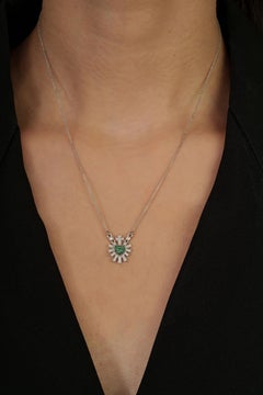 Celestial 14K White Gold Emerald Diamond Sacred Heart Cross Pendant Necklace