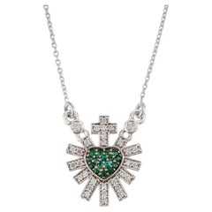 Celestial 14K White Gold Emerald Diamond Sacred Heart Cross Pendant Necklace