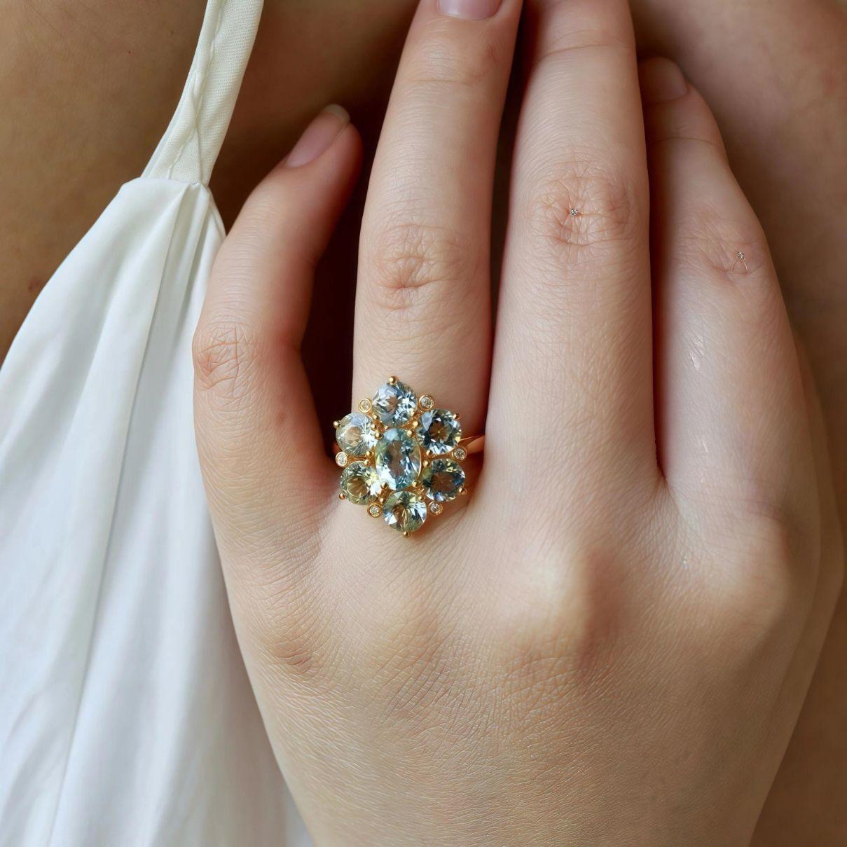 The Nina Zhou Aquamarine & Diamond Cocktail Ring is a harmonious blend of nature’s beauty and life's most precious moments.The mesmerizing aquamarine gemstone shimmers with soothing hues of blue, symbolizing healing, protection, love, and courage.