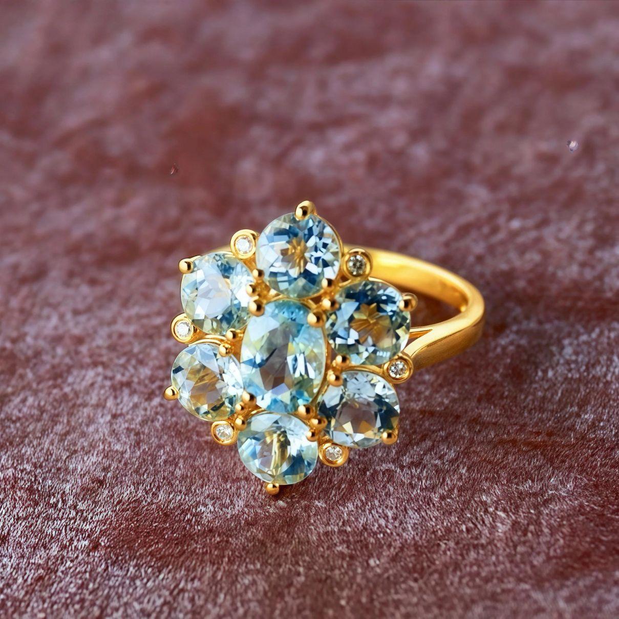 Brilliant Cut Nina Zhou Celestial Aquamarine Diamond Cocktail Ring in 18k Yellow Gold