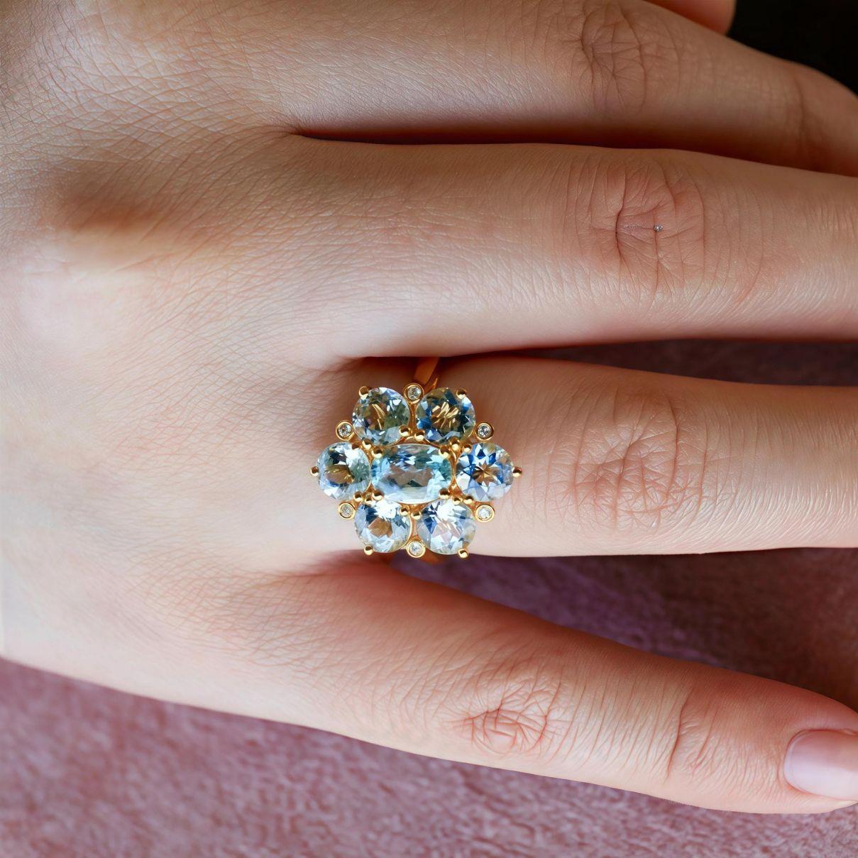 Modern Nina Zhou Celestial Aquamarine Diamond Cocktail Ring in 18k Yellow Gold