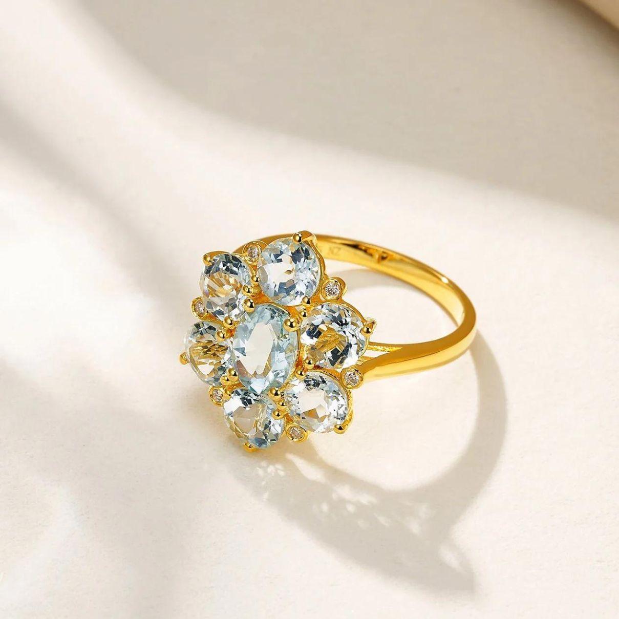 Nina Zhou Celestial Aquamarine Diamond Cocktail Ring in 18k Yellow Gold In Good Condition In Rowland Heights, CA