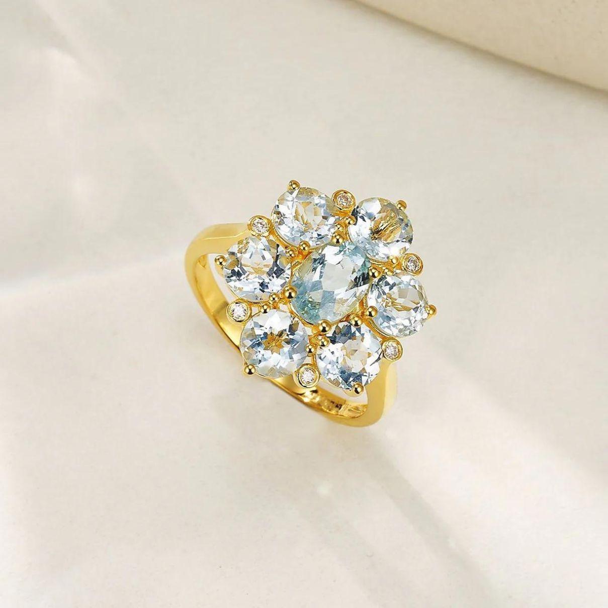 Women's Nina Zhou Celestial Aquamarine Diamond Cocktail Ring in 18k Yellow Gold