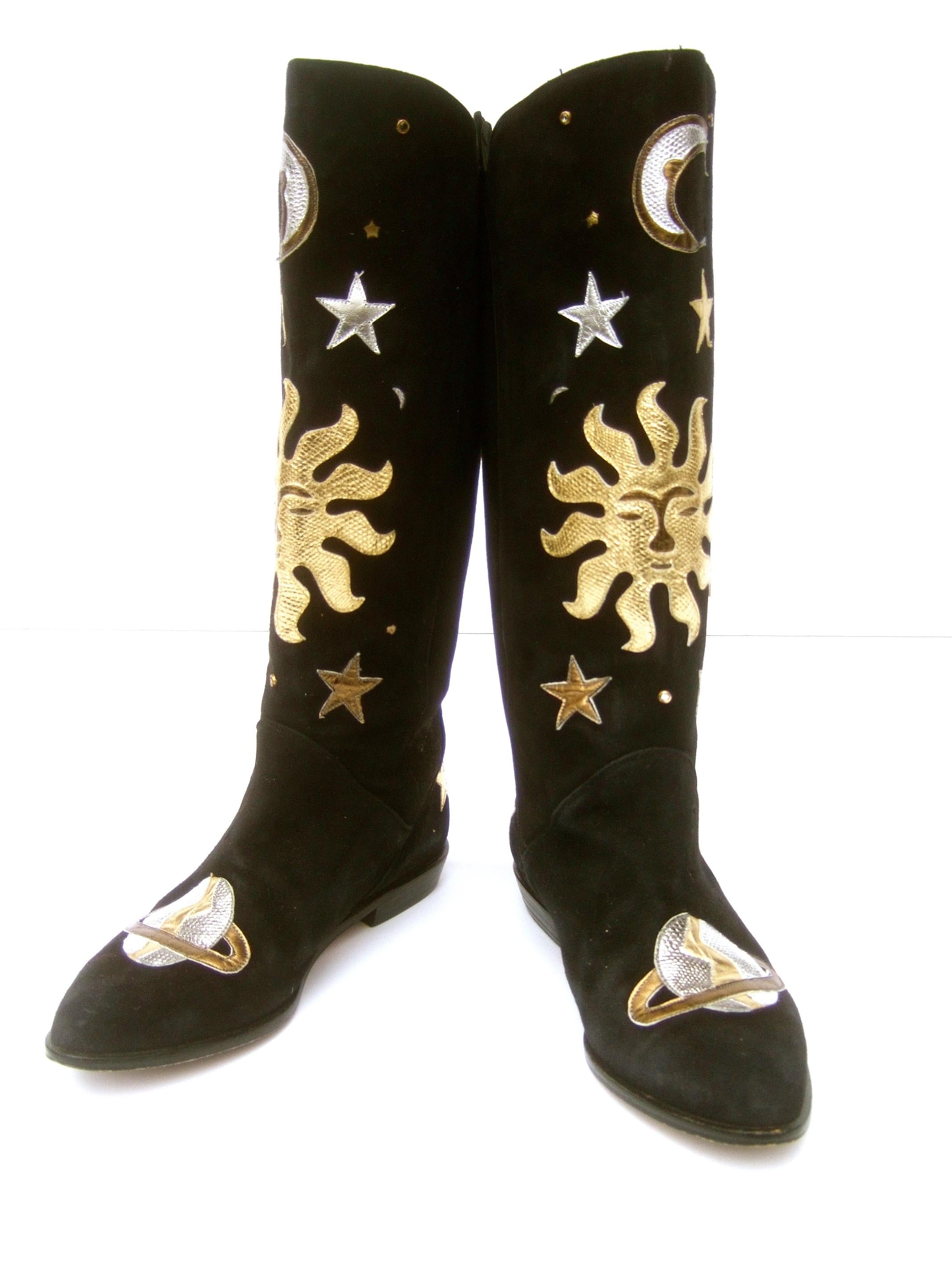 Celestial Black Suede Metallic Appliqué Moons, Stars, Planets & Sun Boots c 1990 5