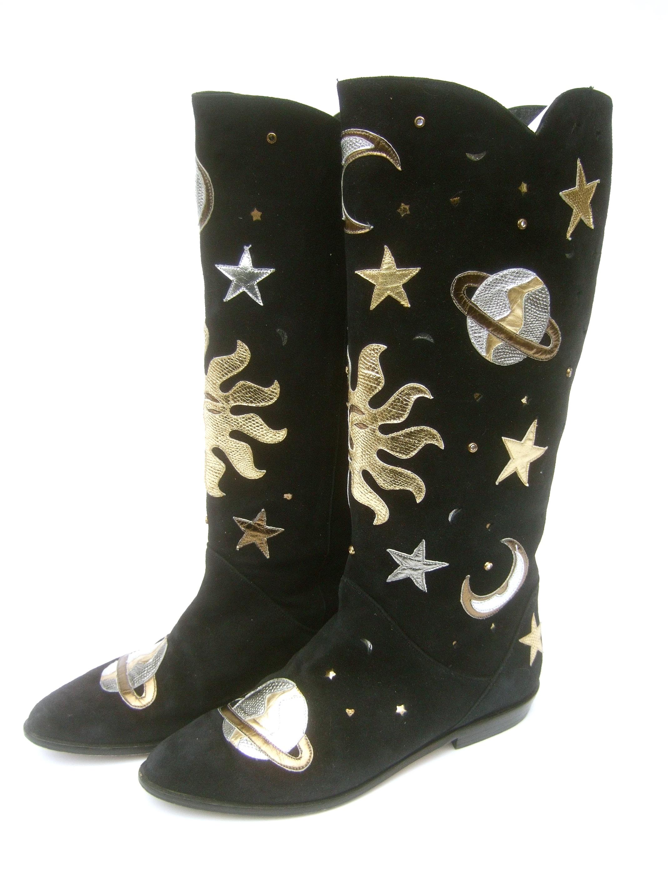 Celestial Black Suede Metallic Appliqué Moons, Stars, Planets & Sun Boots c 1990 8