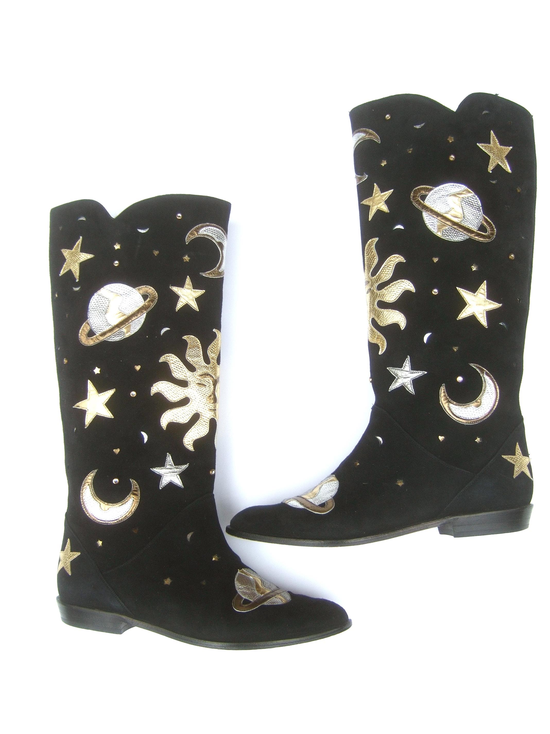Celestial Black Suede Metallic Appliqué Moons, Stars, Planets & Sun Boots c 1990 9