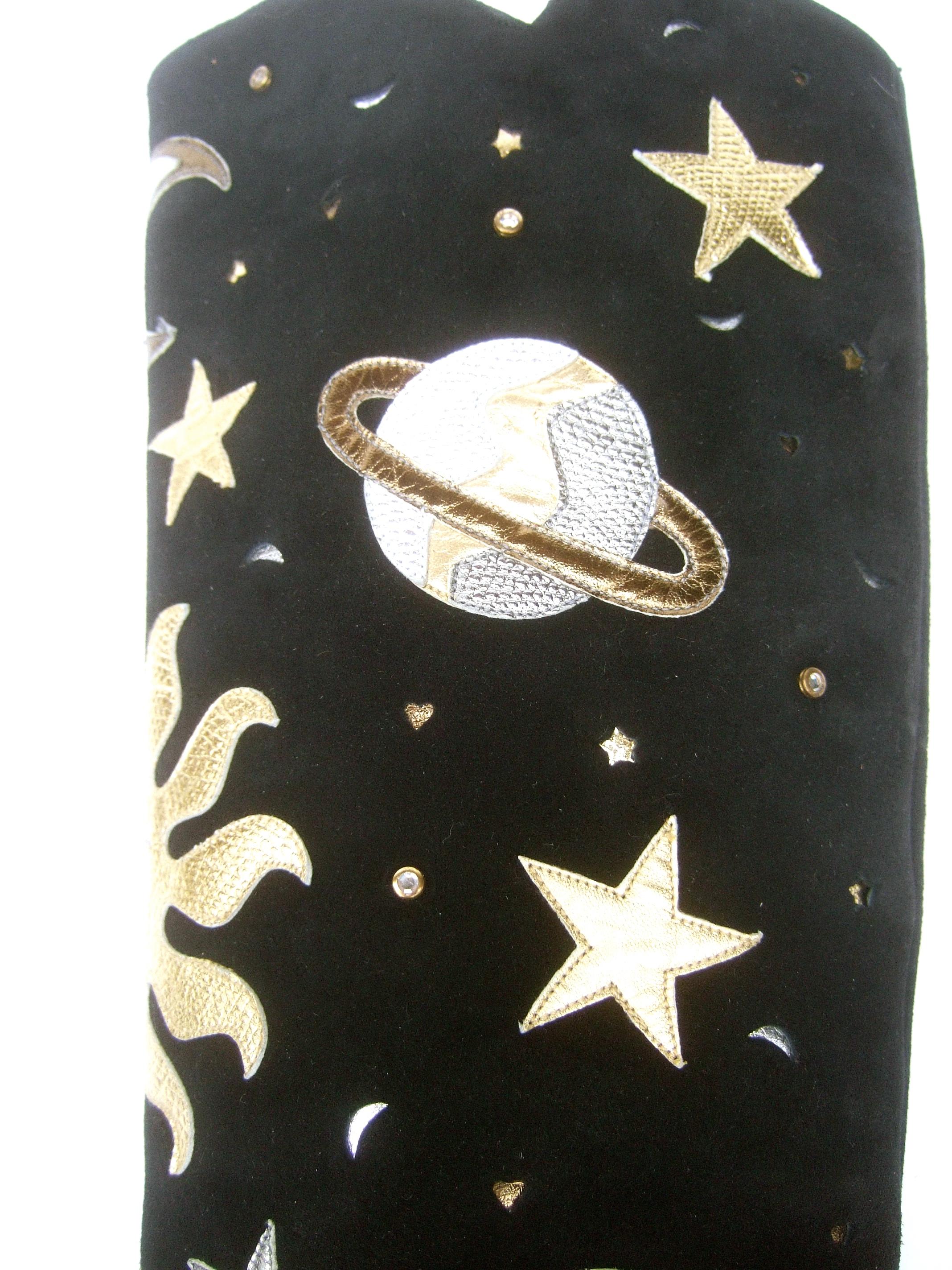 Celestial Black Suede Metallic Appliqué Moons, Stars, Planets & Sun Boots c 1990 10