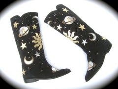 Celestial Black Suede Metallic Appliqué Moons, Stars, Planets & Sun Boots c 1990