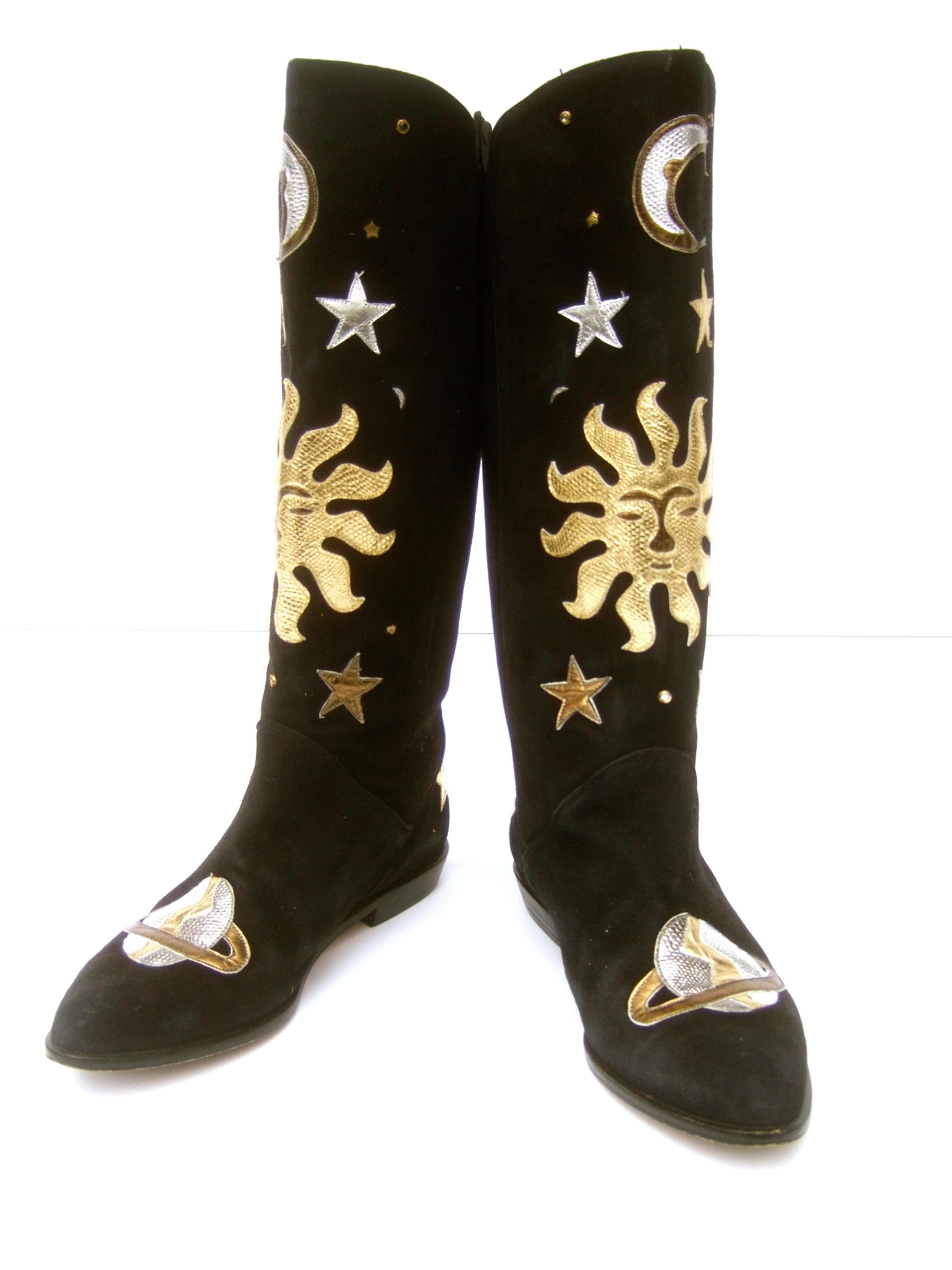 Celestial Black Suede Metallic Appliqué Moons, Stars, Planets & Sun Boots c 1990 In Good Condition In University City, MO