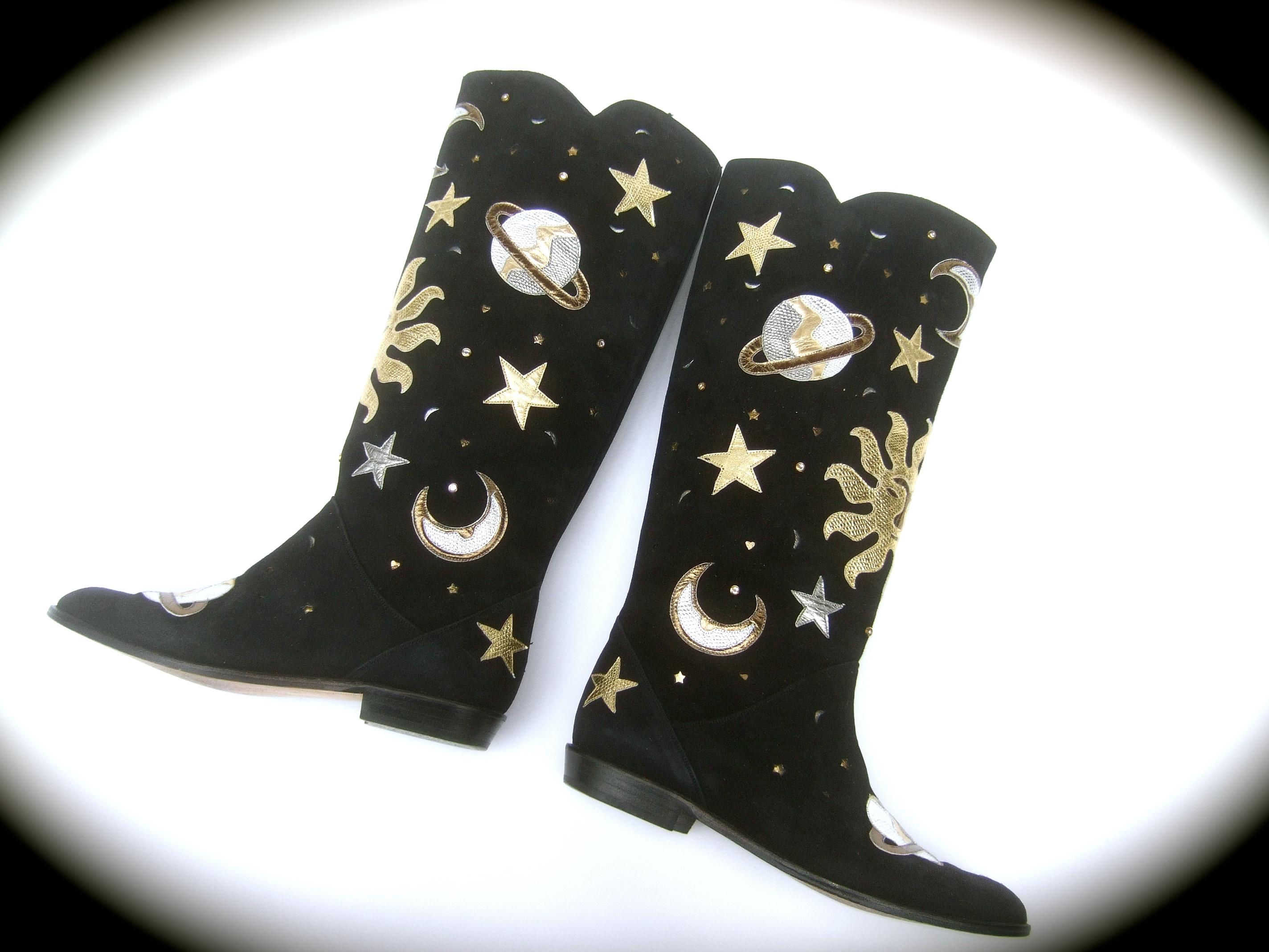 Women's Celestial Black Suede Metallic Appliqué Moons, Stars, Planets & Sun Boots c 1990