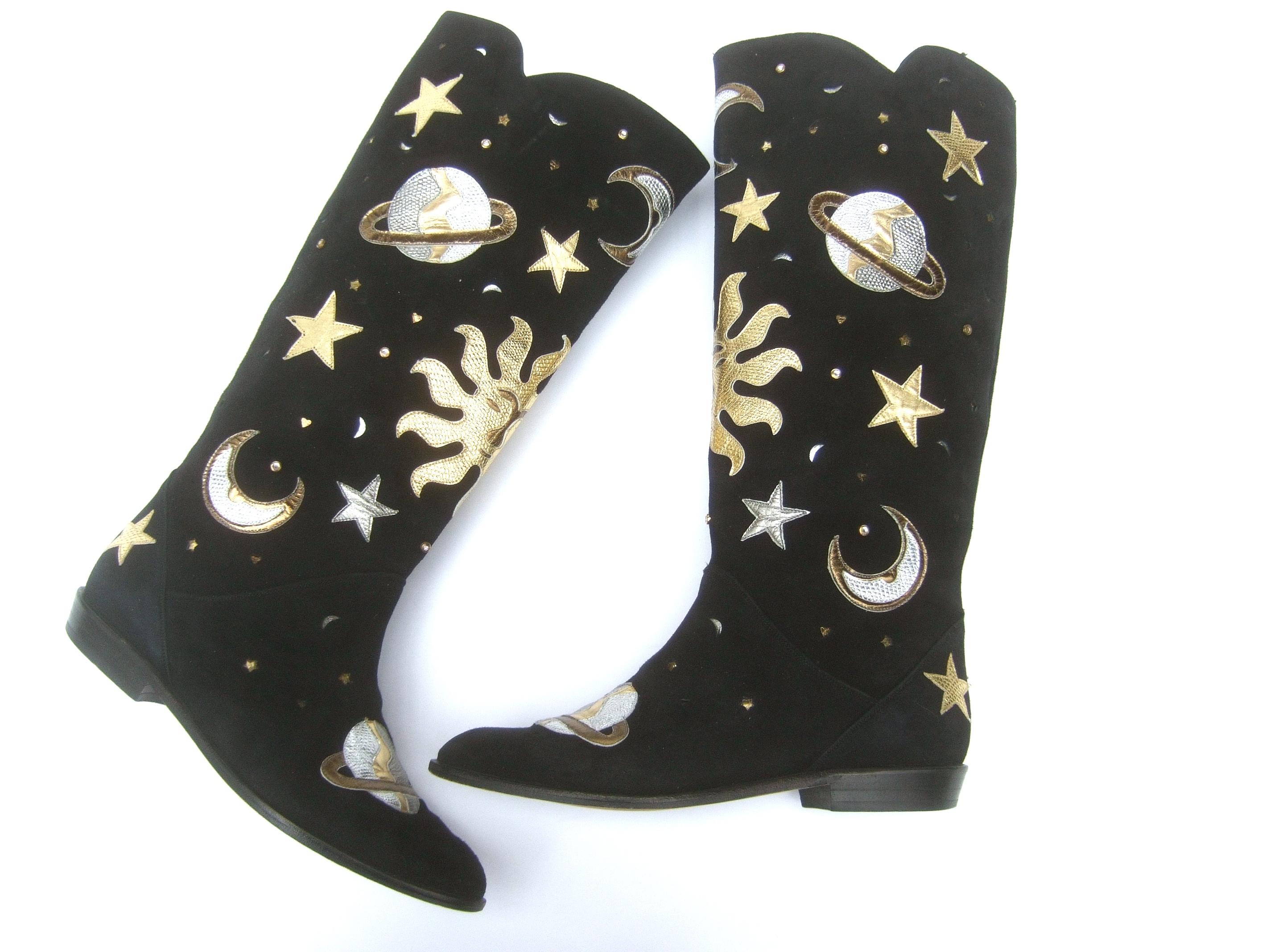 Celestial Black Suede Metallic Appliqué Moons, Stars, Planets & Sun Boots c 1990 1