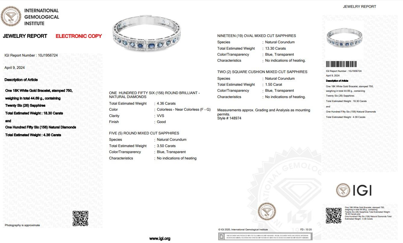 Women's Celestial Blue: 18k White Gold Sapphire and Diamond Tennis Bracelet w/22.66 ct  For Sale