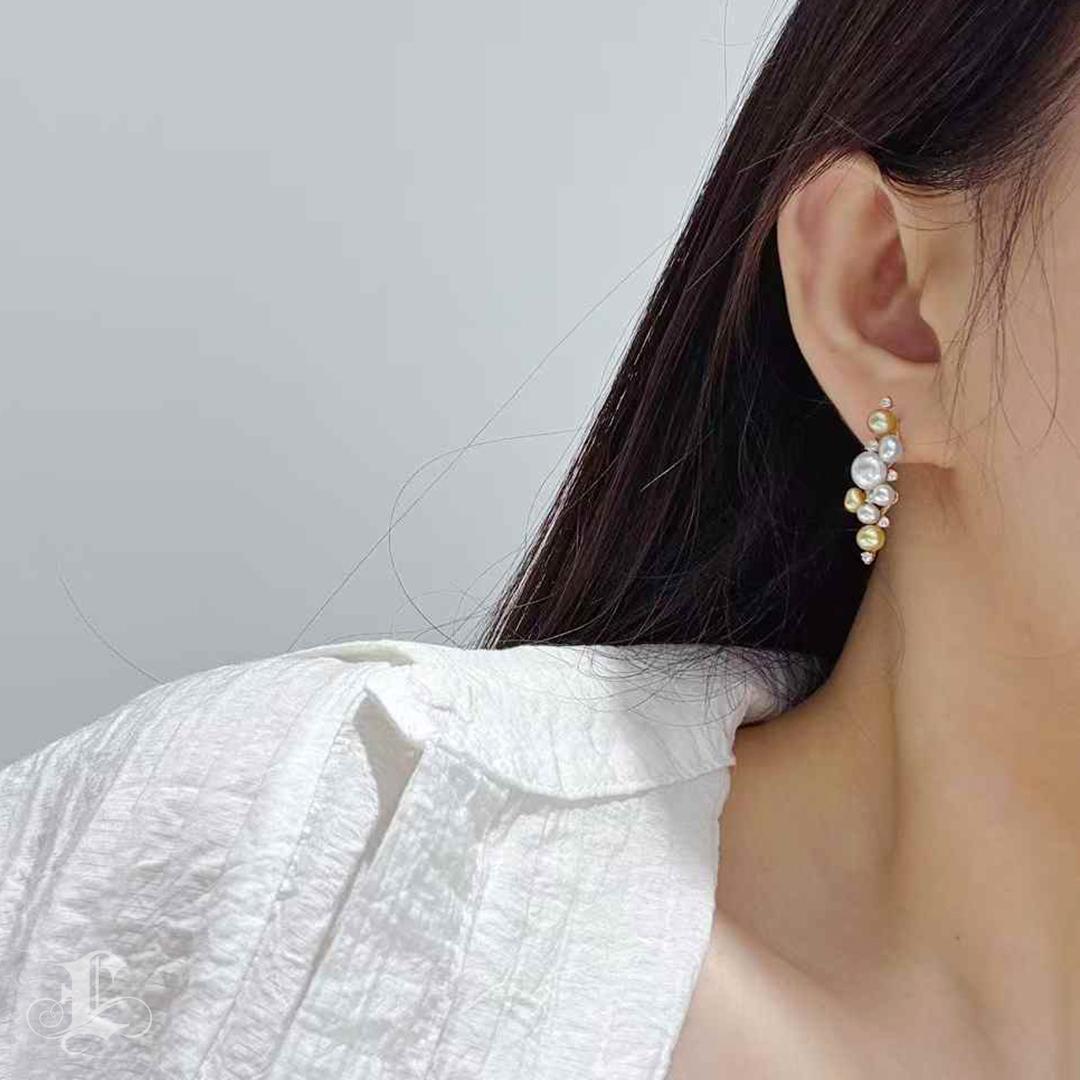Uncut 【Sculpted Geometry】Celestial Cascade Keshi & South Sea Pearl Diamond Earrings For Sale