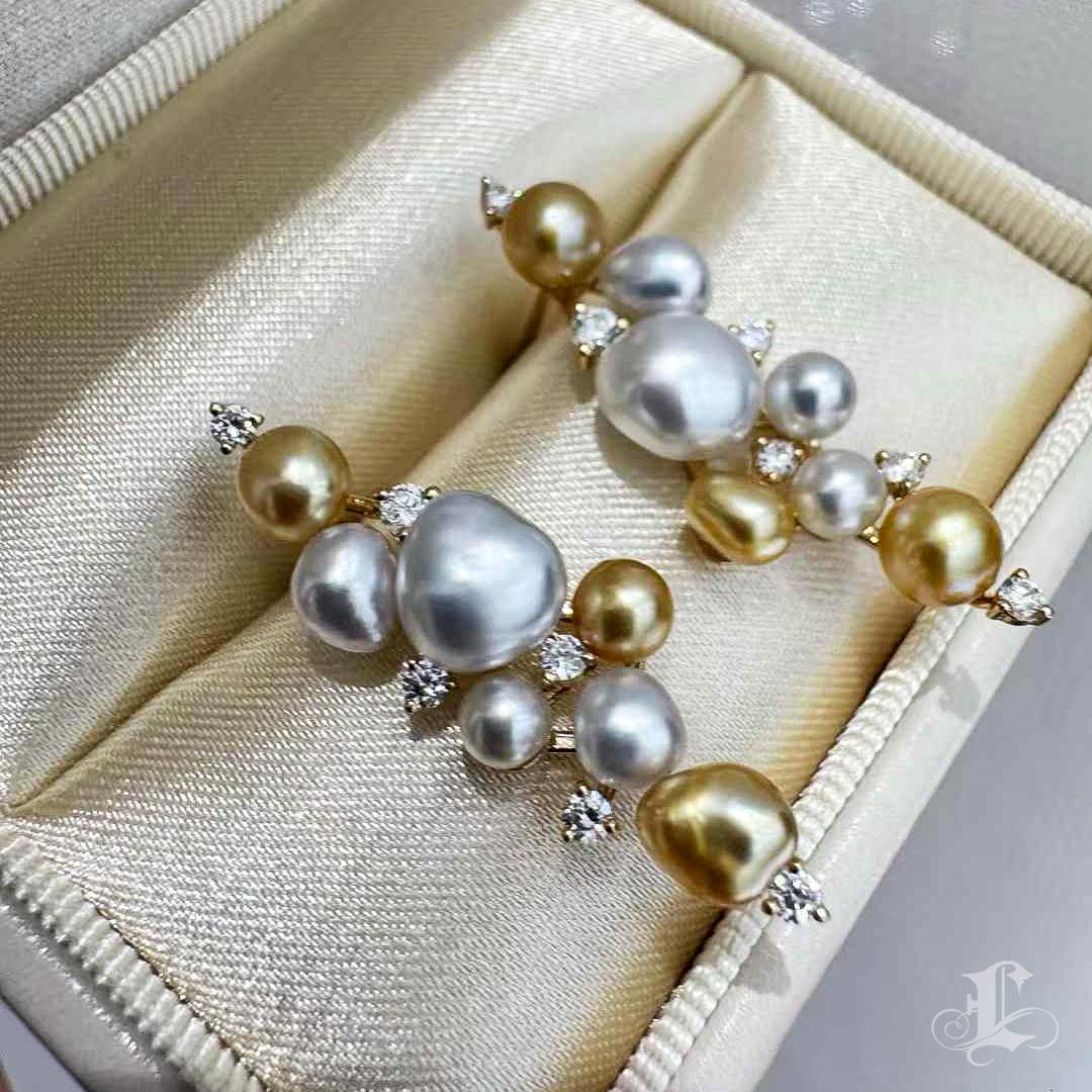 【Sculpted Geometry】Celestial Cascade Keshi & South Sea Pearl Diamond Earrings In New Condition For Sale In New York, NY