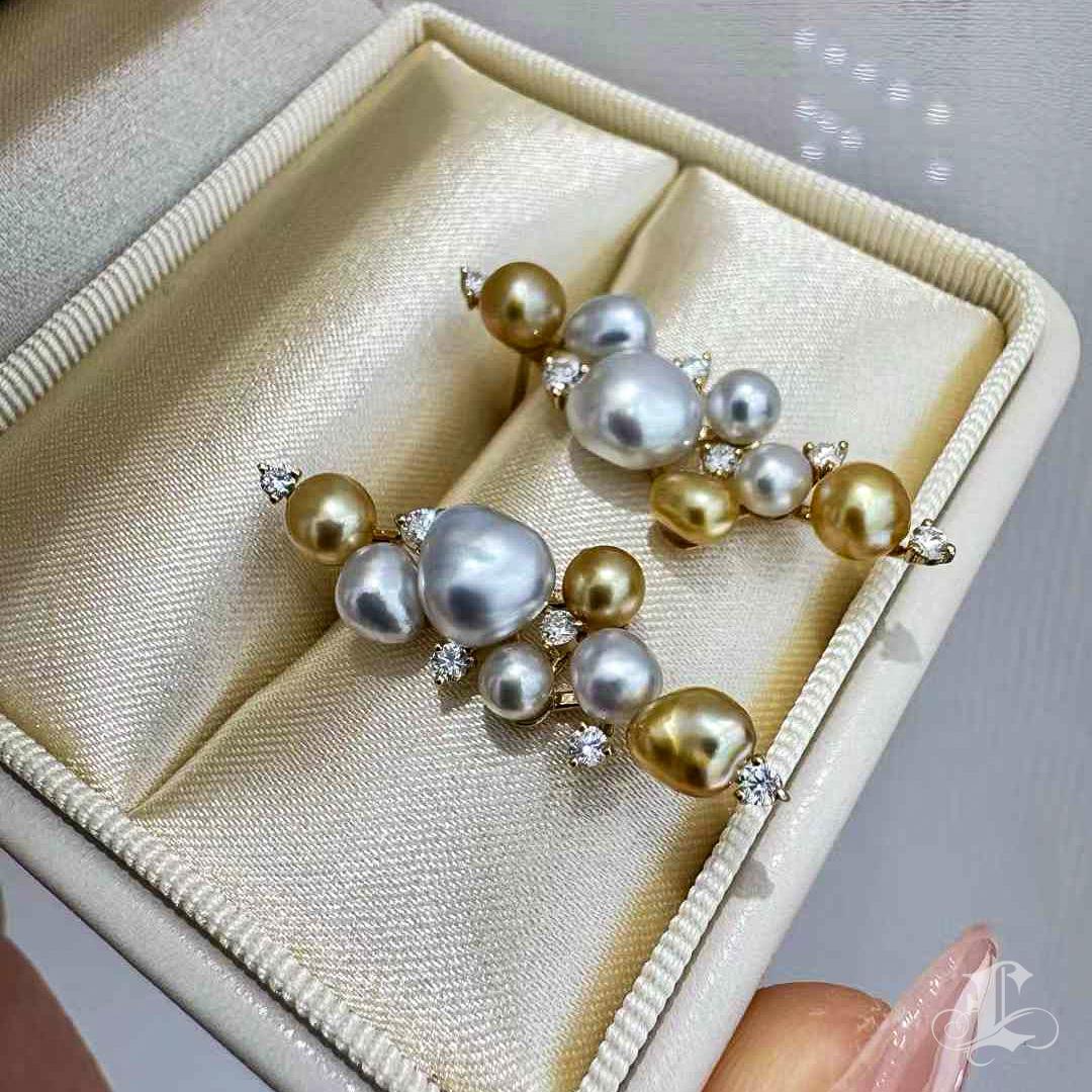 Women's or Men's 【Sculpted Geometry】Celestial Cascade Keshi & South Sea Pearl Diamond Earrings For Sale