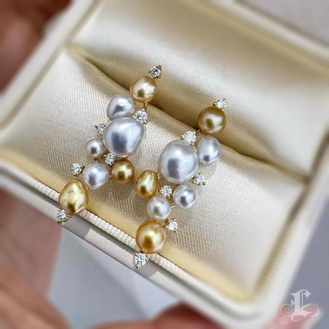 【Sculpted Geometry】Celestial Cascade Keshi & South Sea Pearl Diamond Earrings For Sale 1