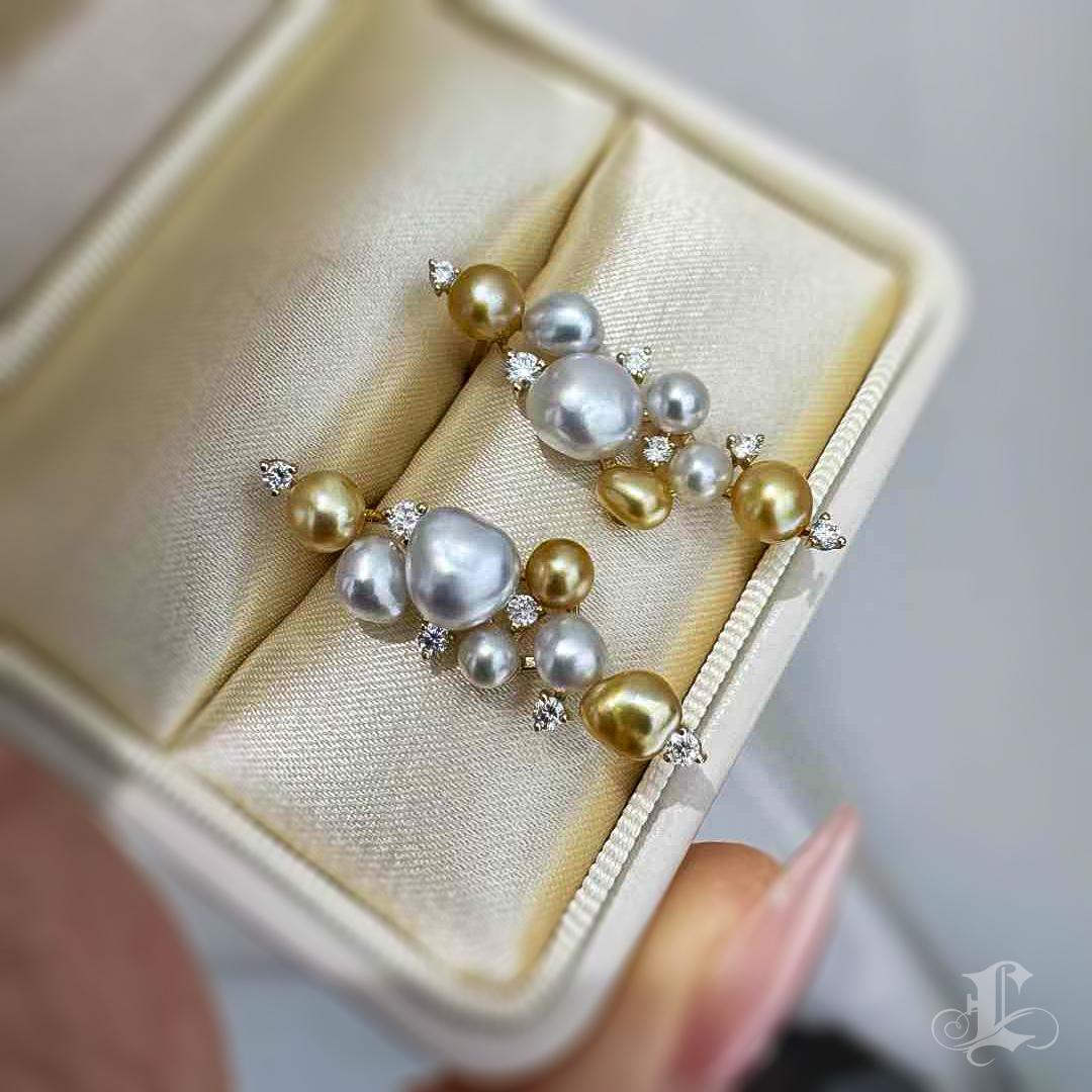 【Sculpted Geometry】Celestial Cascade Keshi & South Sea Pearl Diamond Earrings For Sale 2