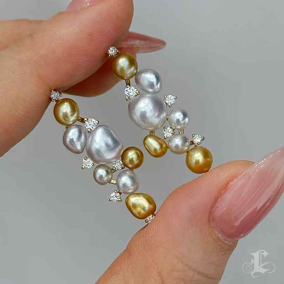 【Sculpted Geometry】Celestial Cascade Keshi & South Sea Pearl Diamond Earrings For Sale 3