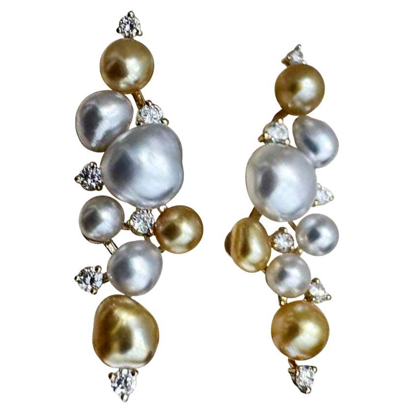 【Sculpted Geometry】Celestial Cascade Keshi & South Sea Pearl Diamond Earrings For Sale
