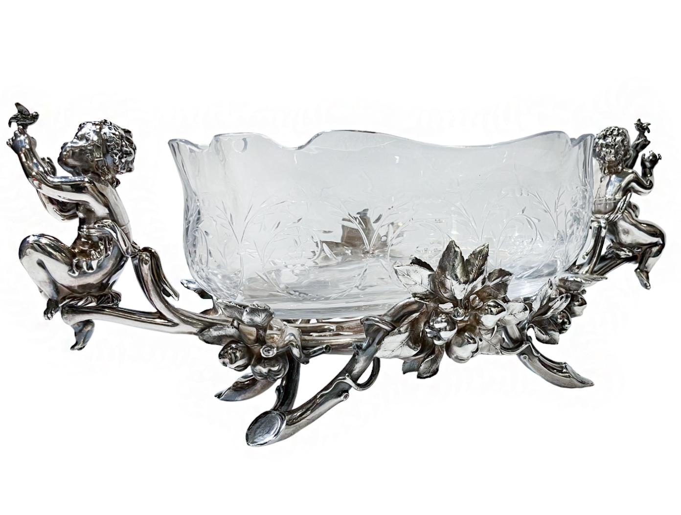 Belle Époque Celestial Christofle Crystal Centerpiece Bowl On Fitted Silver Stand For Sale