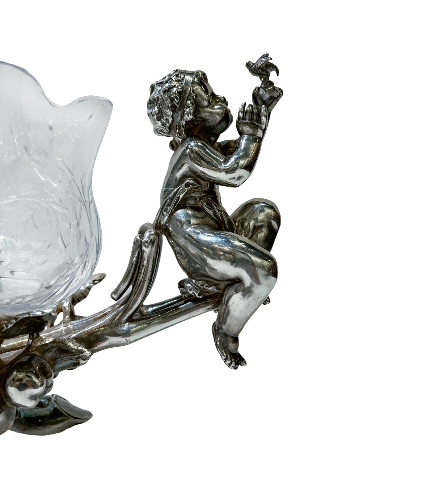 Carved Celestial Christofle Crystal Centerpiece Bowl On Fitted Silver Stand For Sale