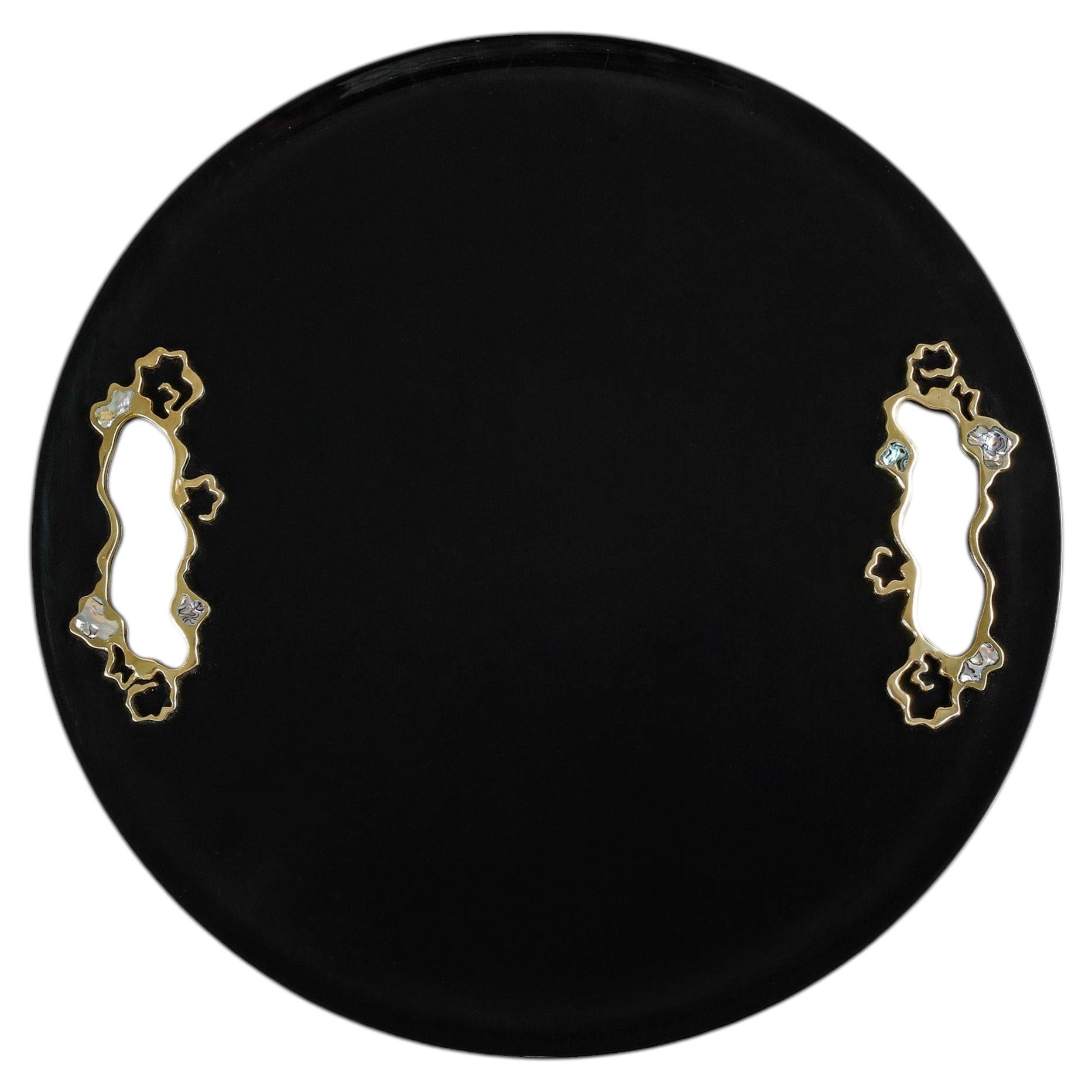 Celestial Clouds Tray Black Large in Lacquer Wood & Brass, Viya By Vikram Goyal For Sale