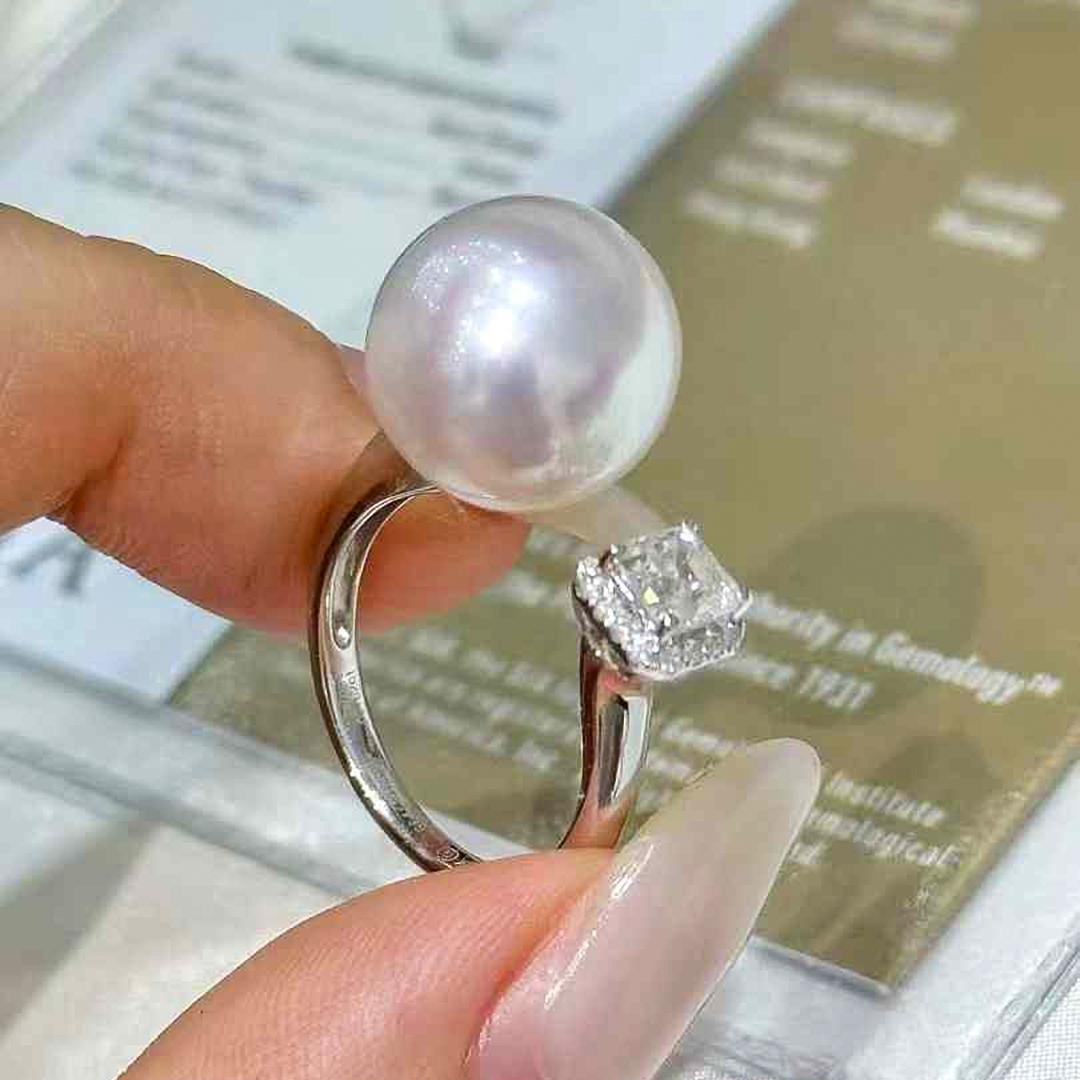 【Sculpted Geometry】Celestial Core South Sea Pearl & GIA Diamond Halo Ring For Sale 6