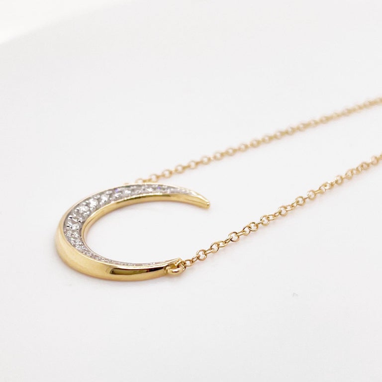 Contemporary Celestial Crescent Moon Pendant Necklace, w Diamonds in 14K Yellow Gold For Sale