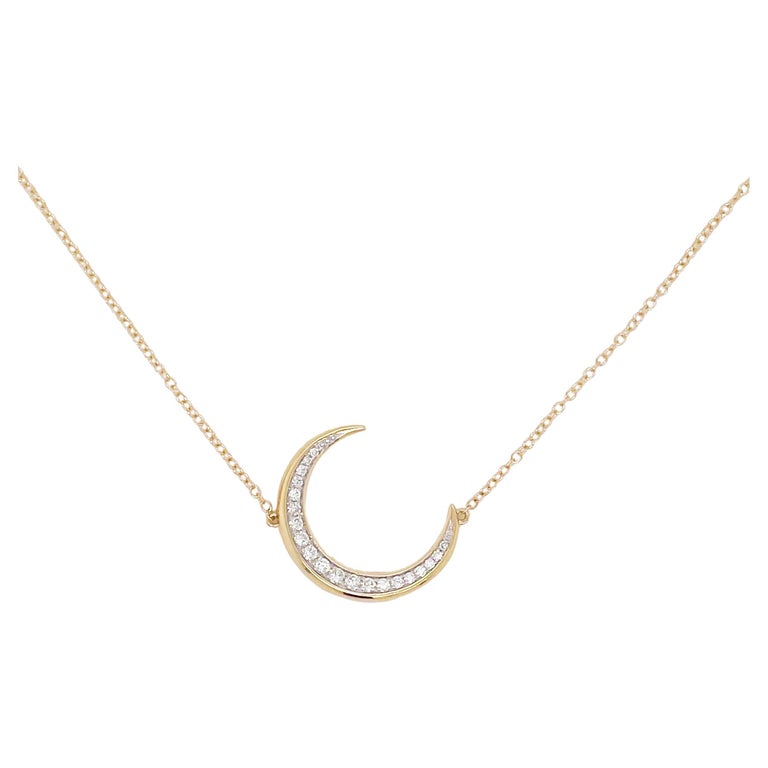 Celestial Crescent Moon Pendant Necklace, w Diamonds in 14K Yellow Gold For Sale