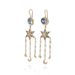 Celestial Diamond, Moonstone Dangle Earrings (Moon, Star)