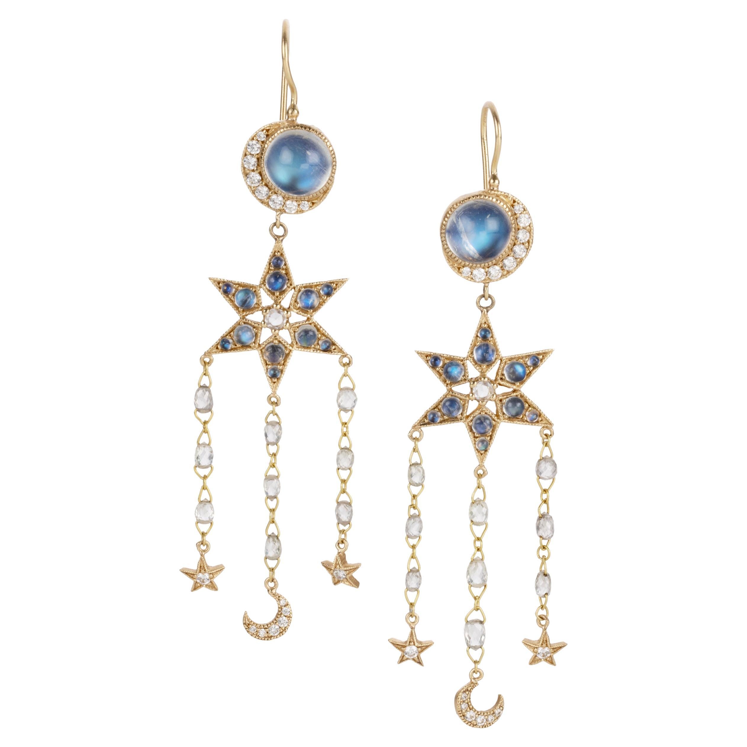 Celestial Diamond, Moonstone Dangle Earrings (Moon, Star)