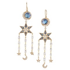 Celestial Diamond, Moonstone Dangle Earrings (Moon, Star)