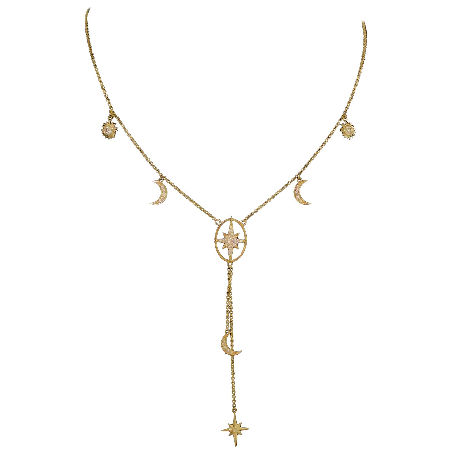 Celestial Diamond Necklace "The Moon, The Stars and The Sun" in Yellow Gold For Sale