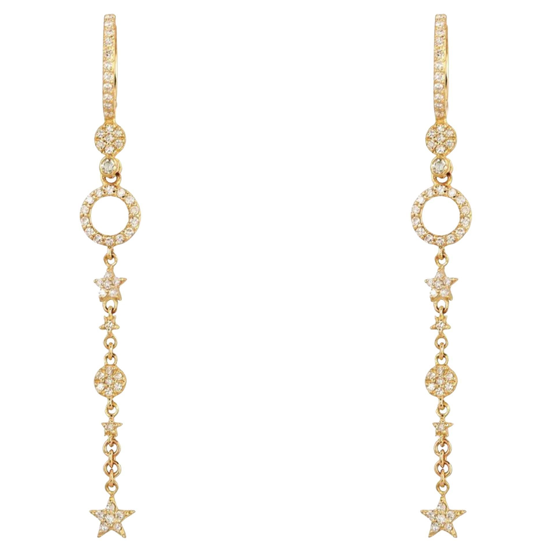 Celestial Star Circle Diamond 14K Yellow Gold Drop Earrings For Sale