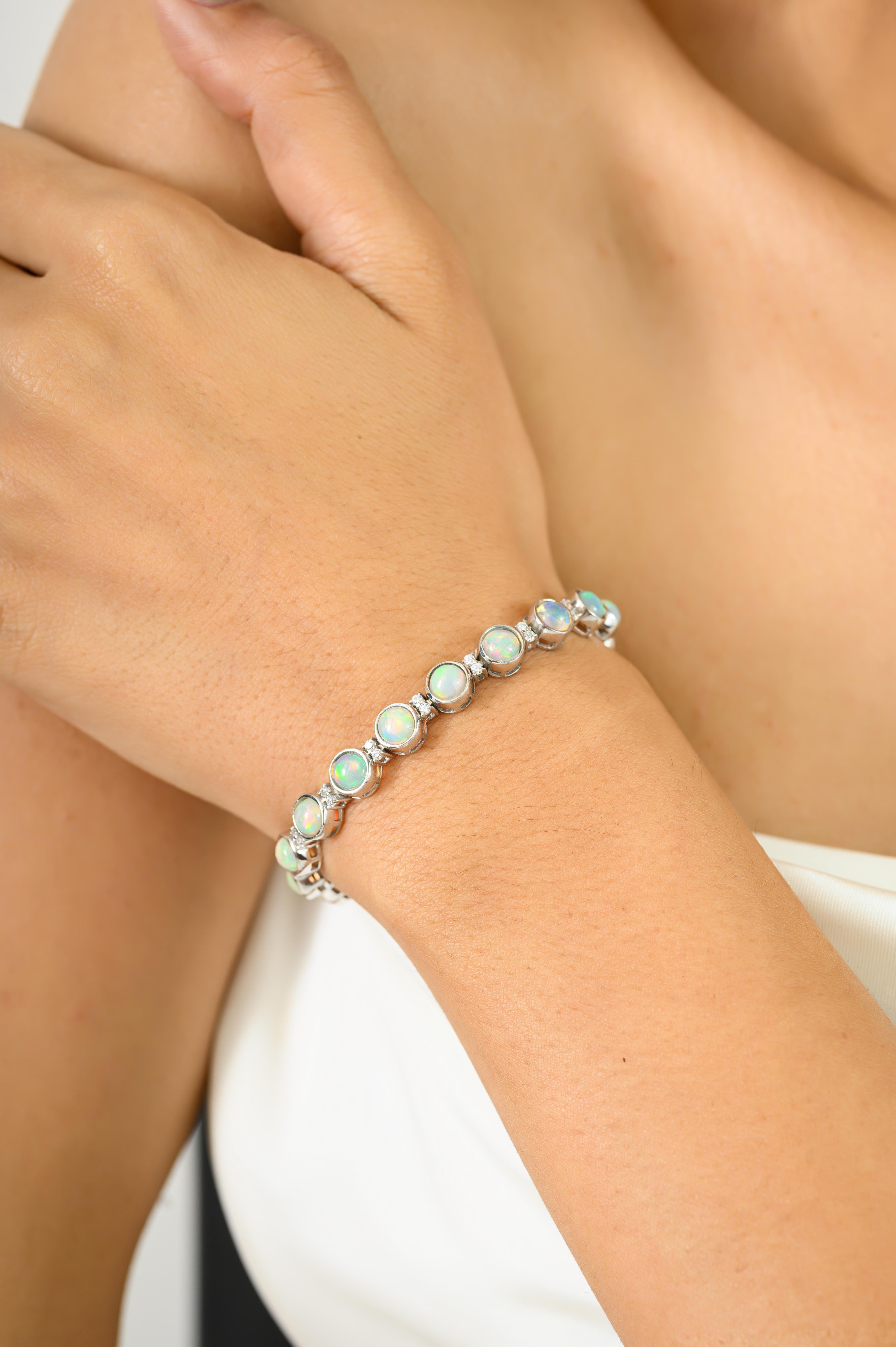 Himmlisches Feuer Natürlicher Äthiopischer Opal mit CZ Tennisarmband in 925 Silber Damen im Angebot