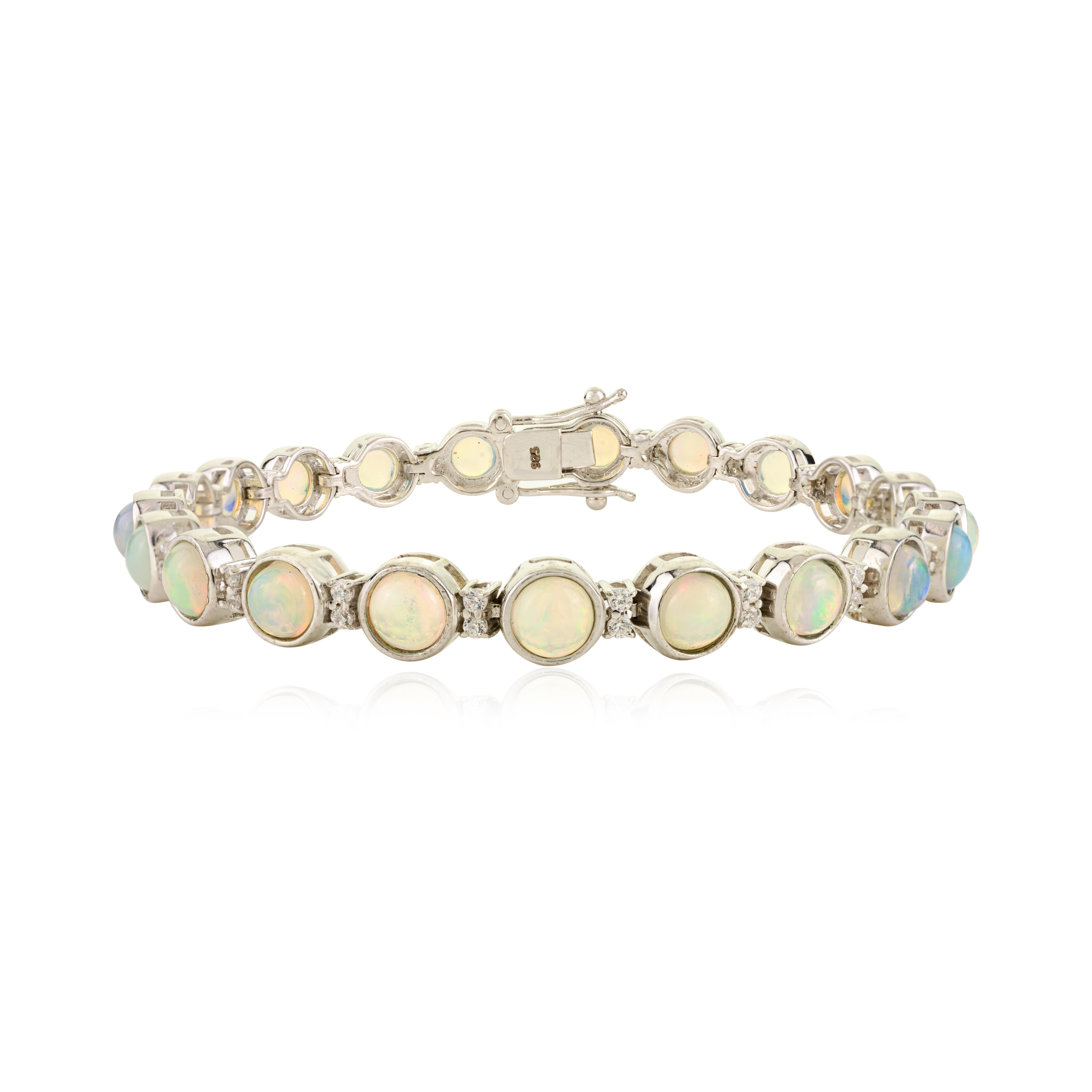 Himmlisches Feuer Natürlicher Äthiopischer Opal mit CZ Tennisarmband in 925 Silber im Angebot 1