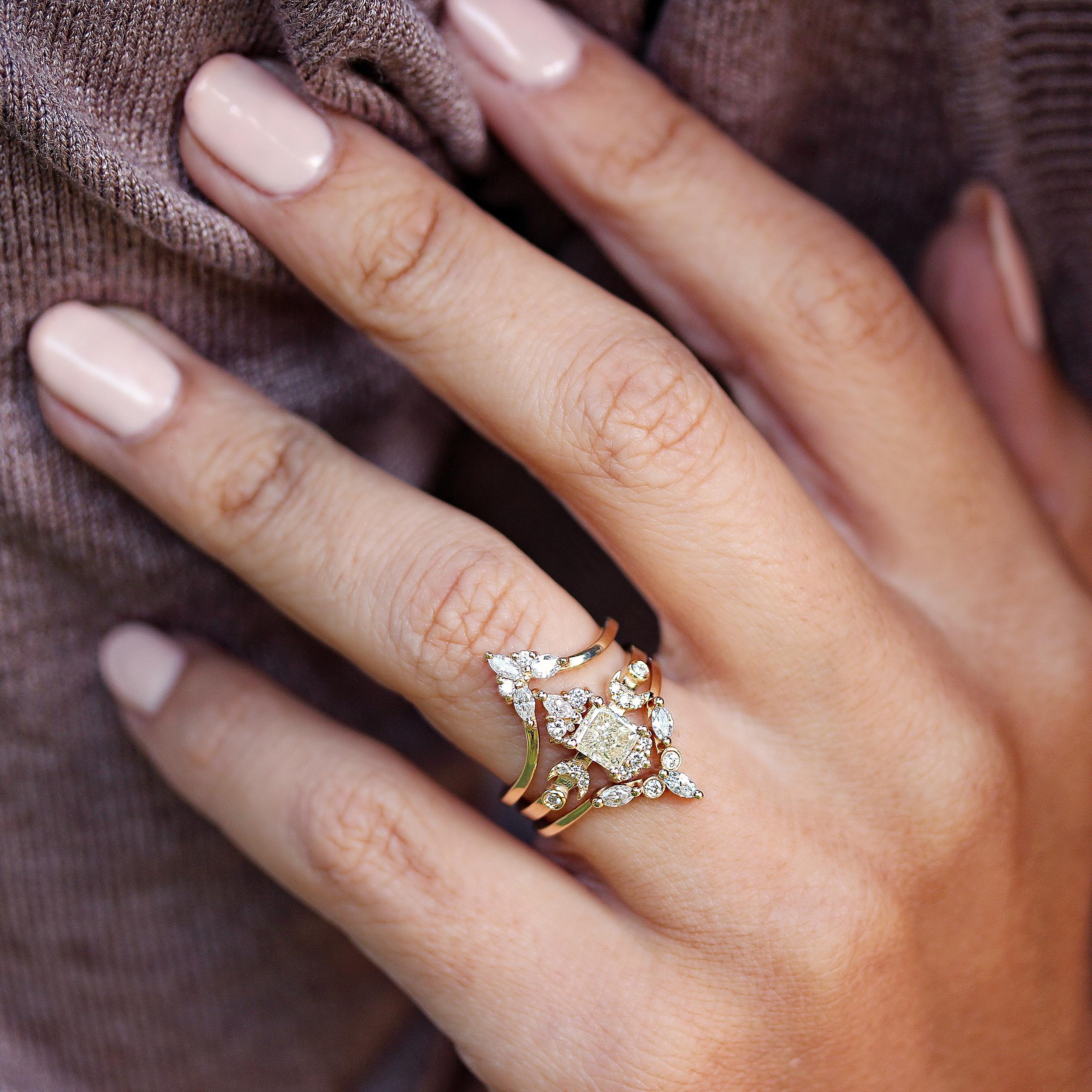 Beautiful princess cut (square) unique engagement ring - the celestial doorway to heaven.
The list is for the two ring set.
Handmade with care. 
An original design by Silly Shiny Diamonds. 

Details:
* Center stone shape: square - princess cut.
*