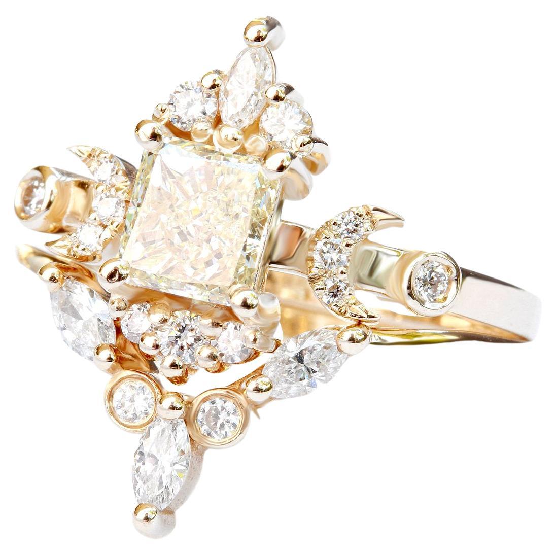 Celestial Hindi Moon Phase Square Diamond Engagement Ring & Amber Nesting Ring For Sale