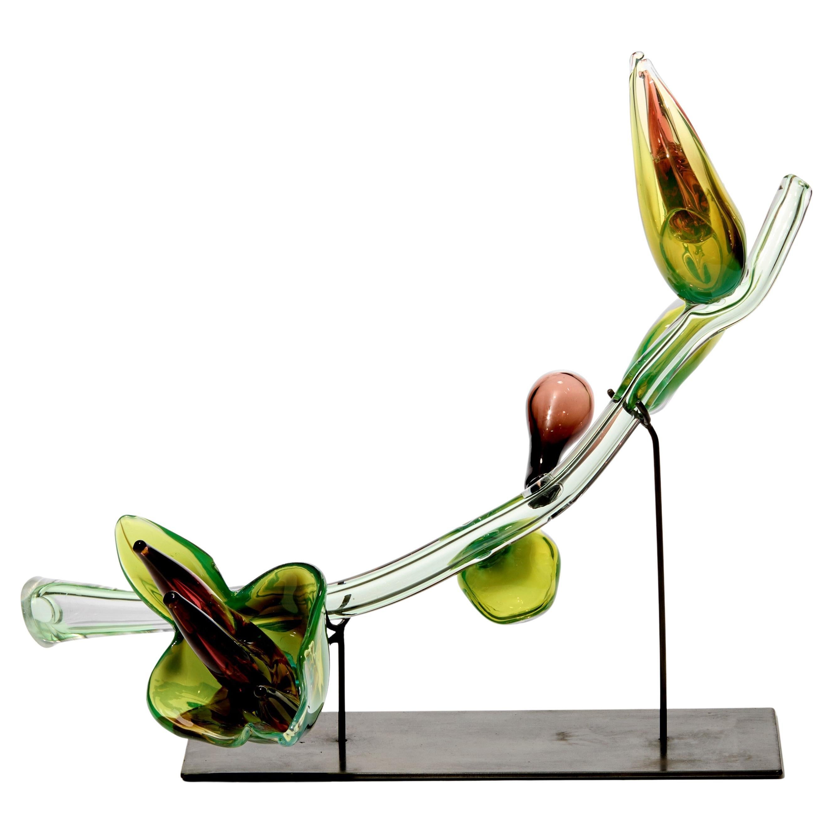 Celestial Hybrid, a green & amber botanical glass artwork by Michèle Oberdieck