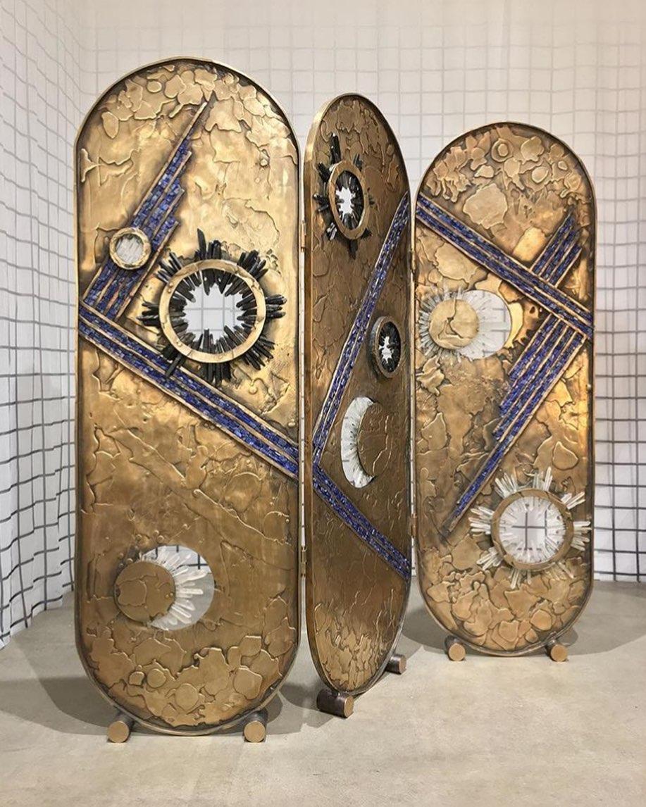Paravento a tre pannelli in bronzo e cristallo di Christopher Boots, di ispirazione celestiale in vendita 1