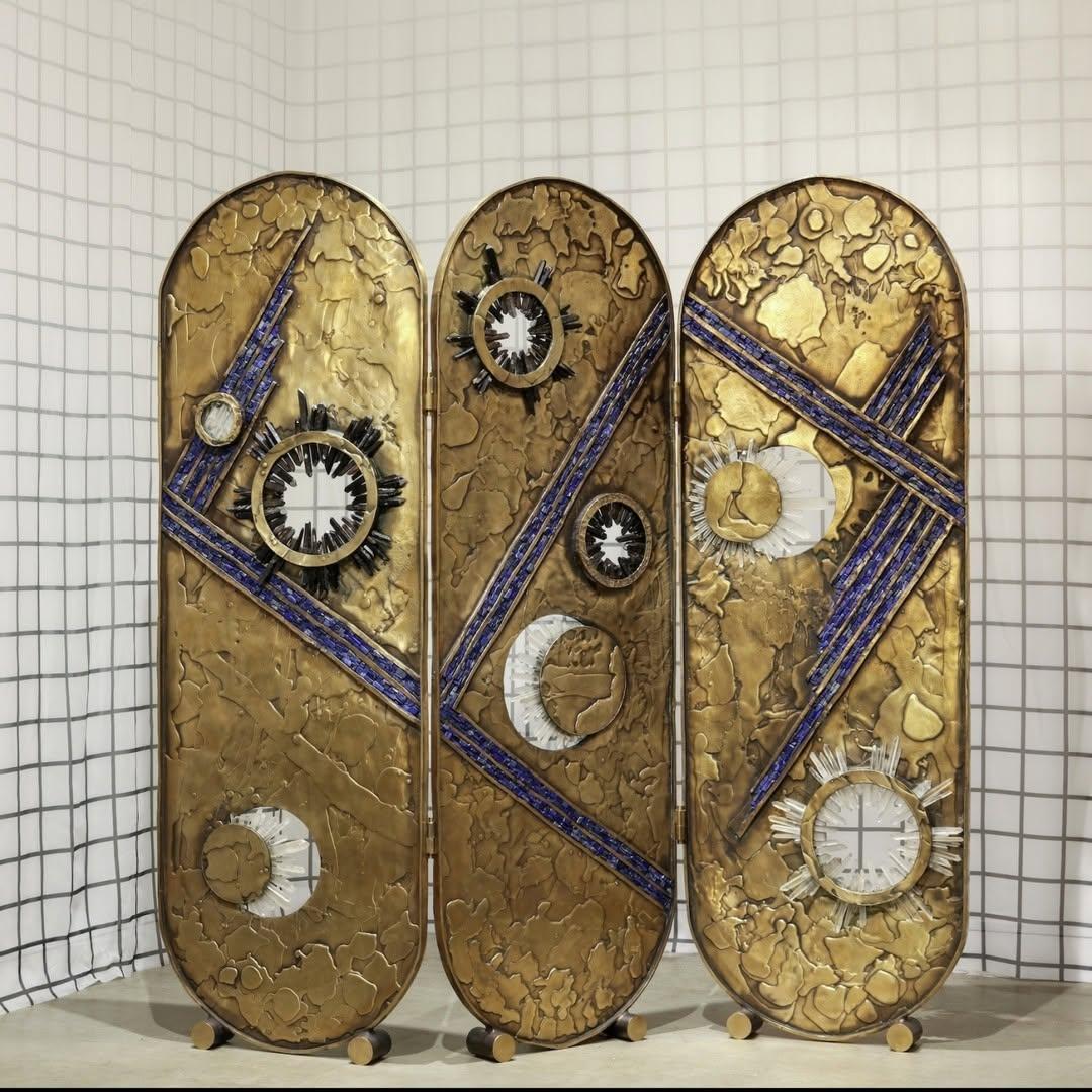 Paravento a tre pannelli in bronzo e cristallo di Christopher Boots, di ispirazione celestiale in vendita 2