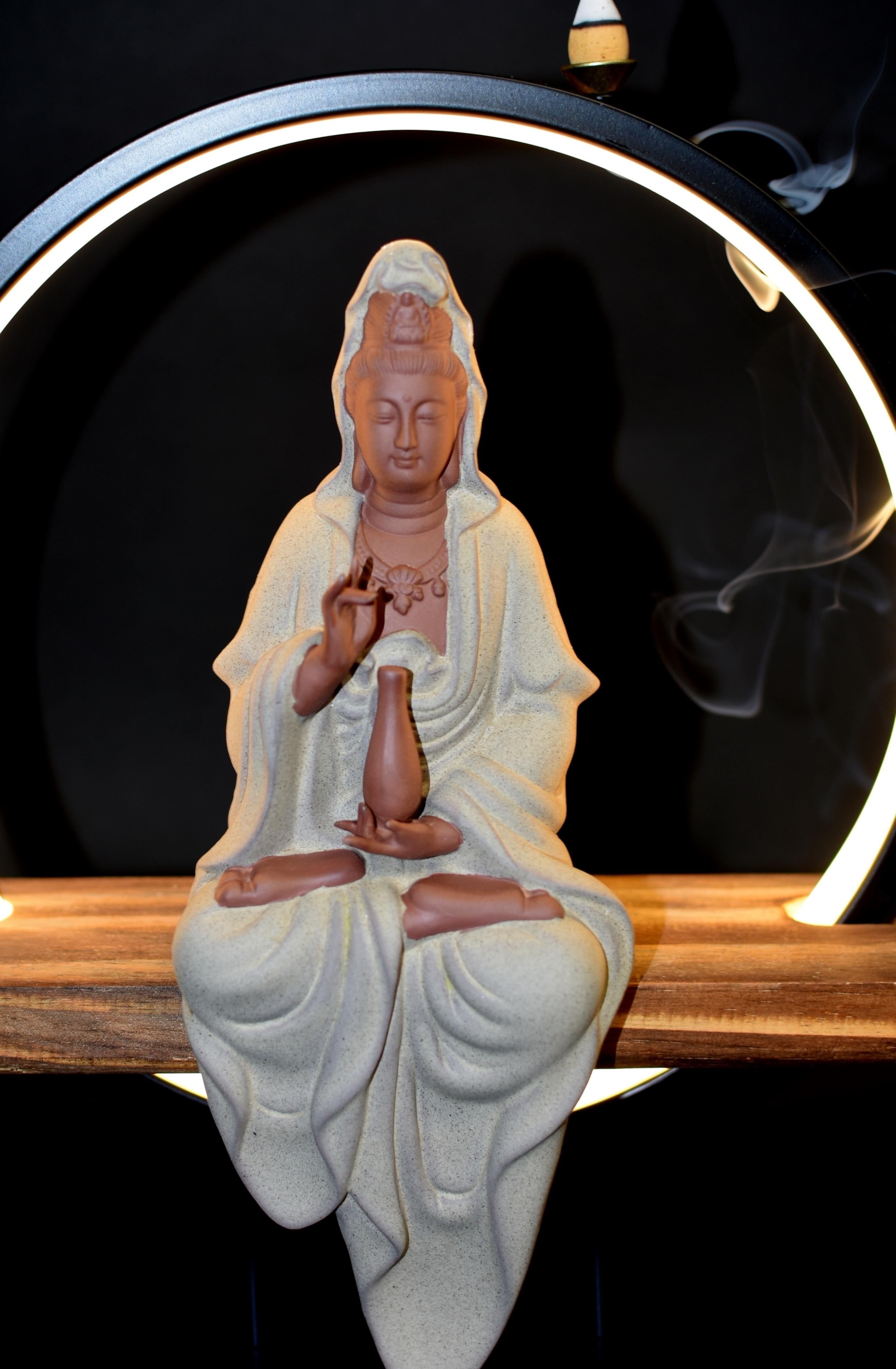 Hand-Crafted Celestial Kwan Yin Reverse Incense Burner Lamp For Sale