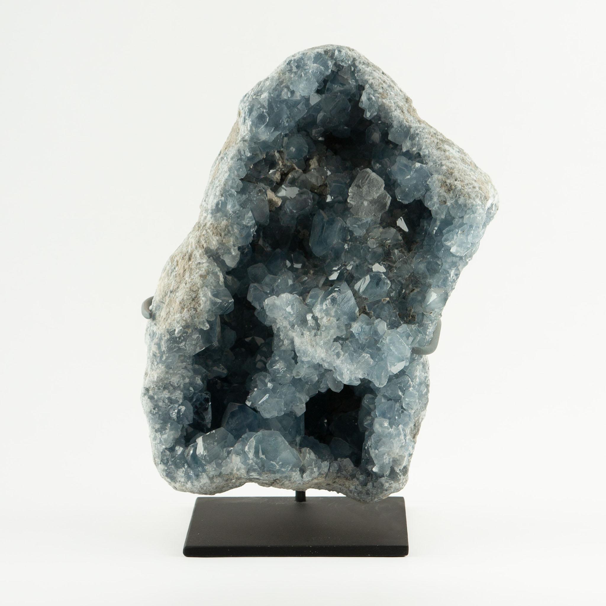 Specimen di celestite blu montato - Un'impressionante formazione geodica che mostra un'abbondanza di cristalli di celestite da traslucidi a celesti che si irradiano da una cavità naturale all'interno di una matrice grezza di colore grigio chiaro. I