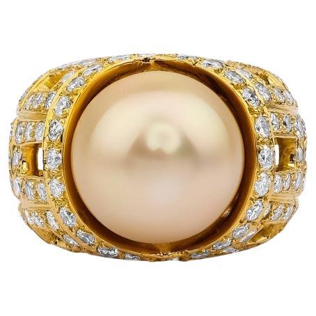 Mallorca Pearl And 1.00ct Diamond Solid Gold Ring For Sale