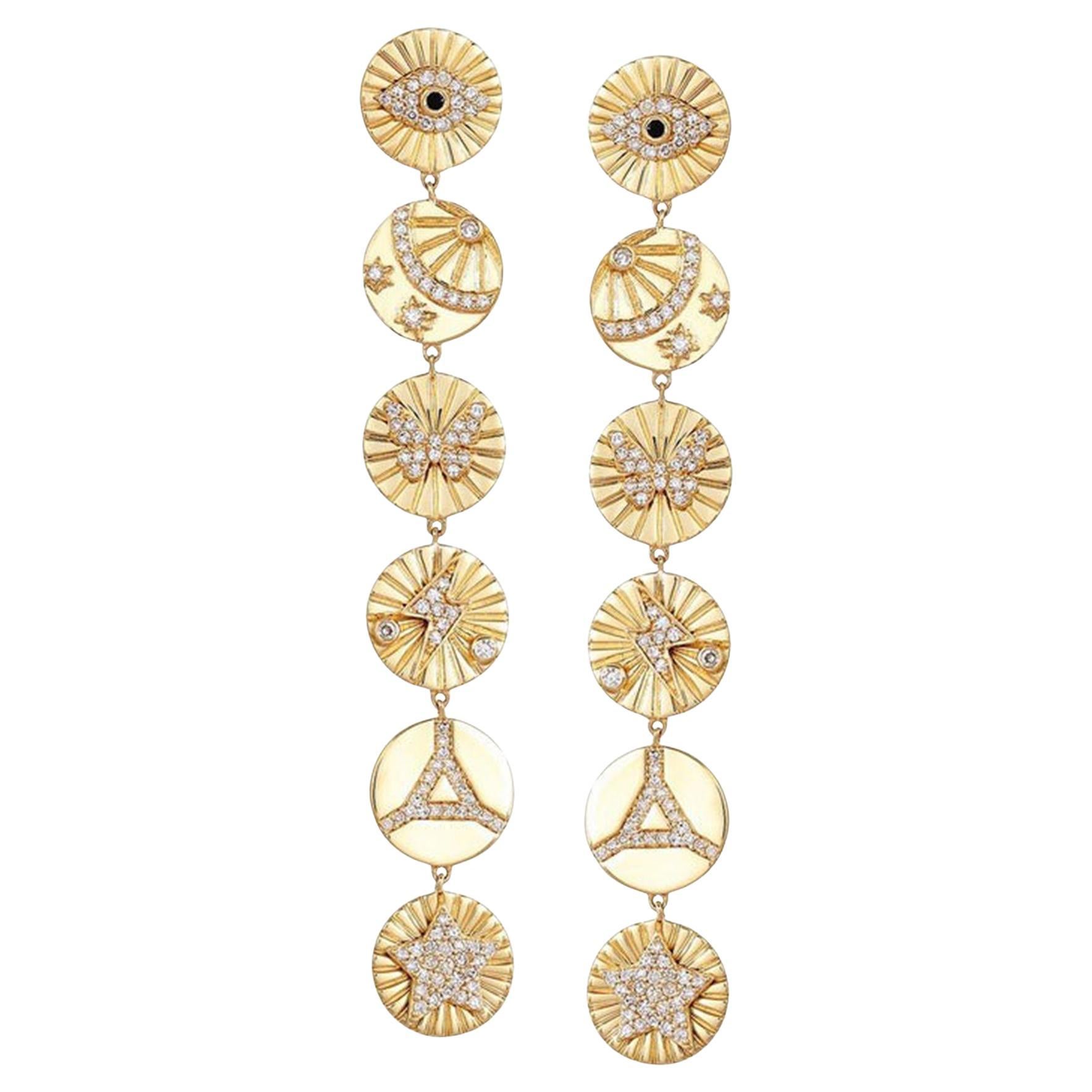 Celestial Medallion Charm 14K (or 18k upon request) Yellow Gold Drop Earrings For Sale