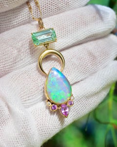 Celestial Pendant,  Australian Opal, Seafoam Tourmaline, 14k Gold