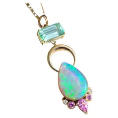 Celestial Pendant,  Australian Opal, Seafoam Tourmaline, 14k Gold